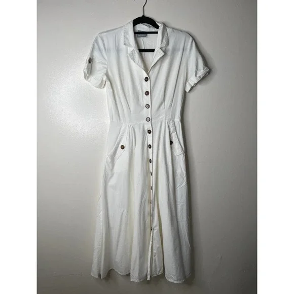 Vintage 90s Rabbit Designs White Tortoiseshell Button Front Midi Shirt Dress 6 - Picture 15 of 16